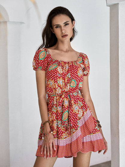 Print Short Sleeve Tie Waist Mini Dress