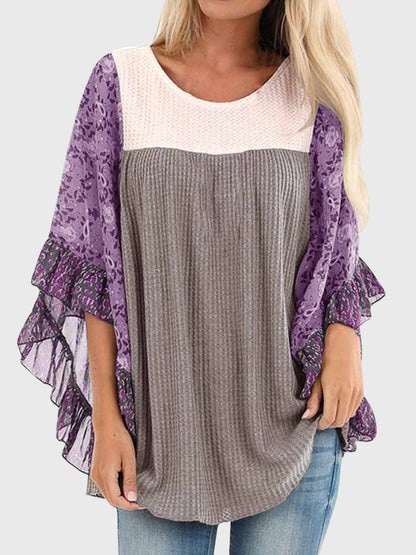 Print Round Neck Three-Quarter Sleeve Blouse
