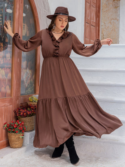 Plus V-Neck Ruffle Trim Maxi Dress