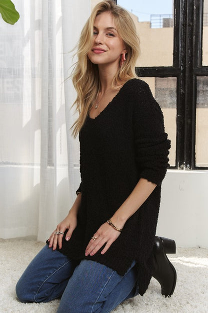 High-Low Side Slit V-Neck Sweater