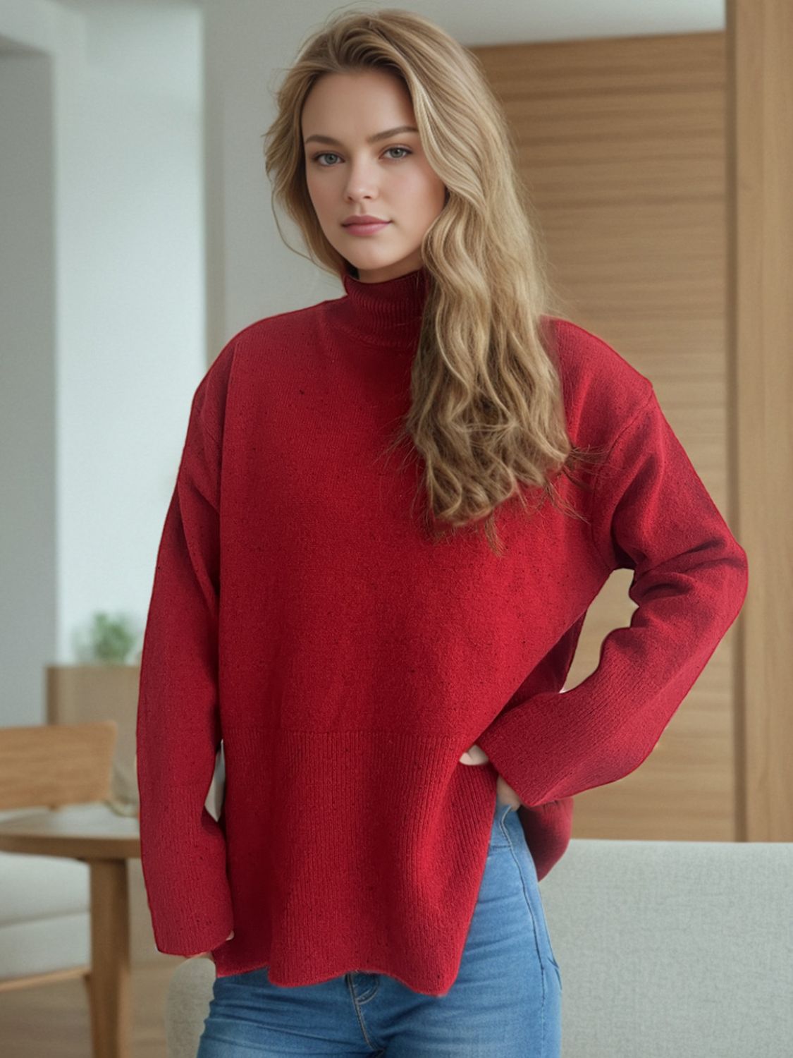 Side Slit Turtleneck Long Sleeve Sweater