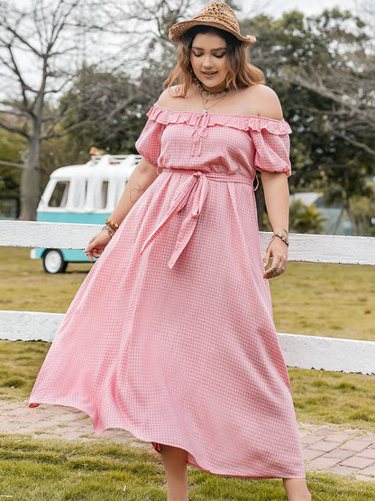 Plus Plaid Off-Shoulder Short Sleeve Midi Dress