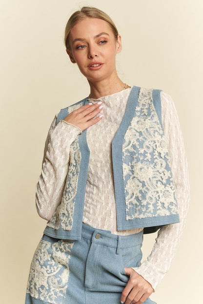 Lace Patch Open Front Denim Vest