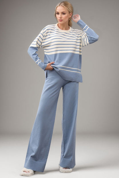 Striped Round Neck Long Sleeve Top and Pants Sweater Set