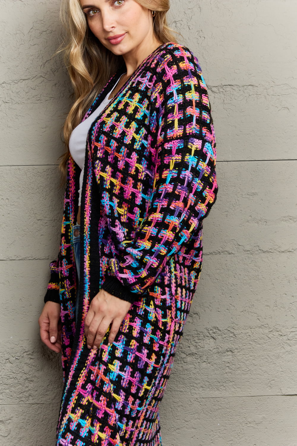 Multicolor Open Front Fringe Hem Cardigan