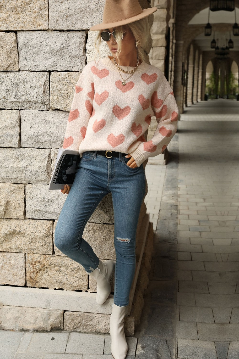 Heart  Dropped Shoulder Sweater