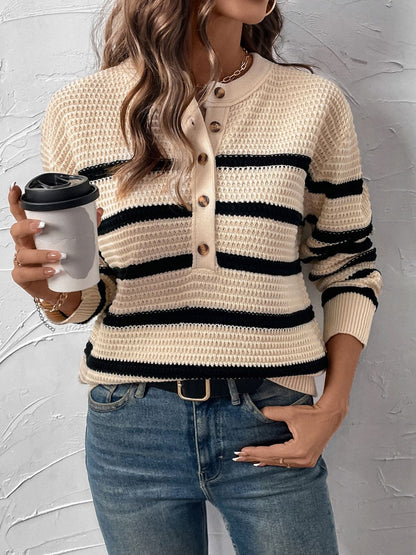 Striped Half Button Long Sleeve Sweater