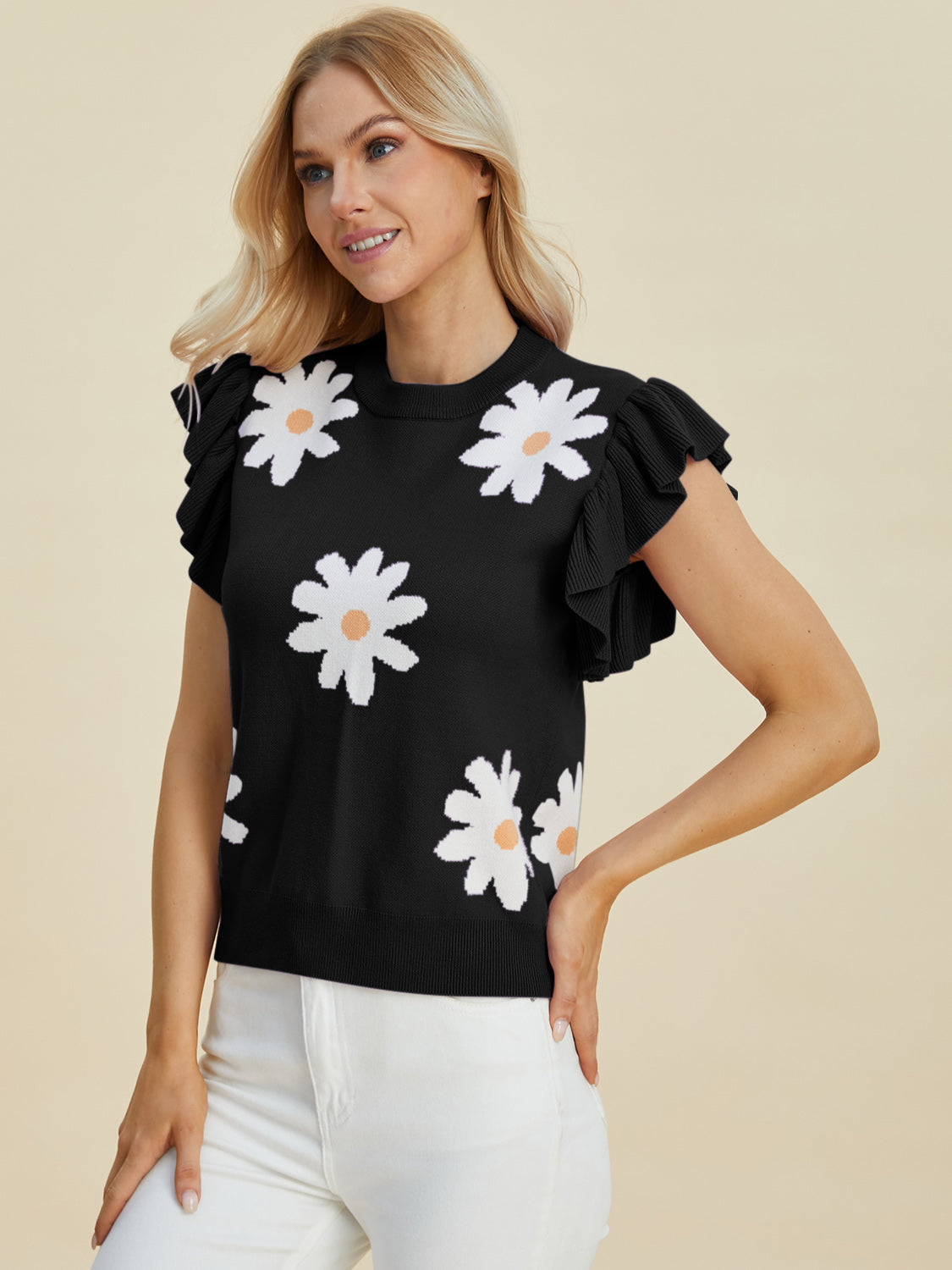 Ruffled Flower Round Neck Cap Sleeve Sweater