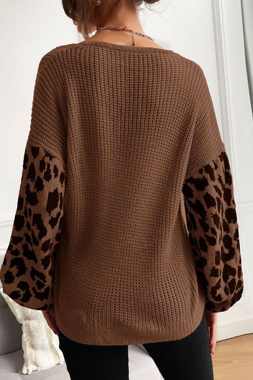 Leopard Sleeve Dropped Shoulder Sweater