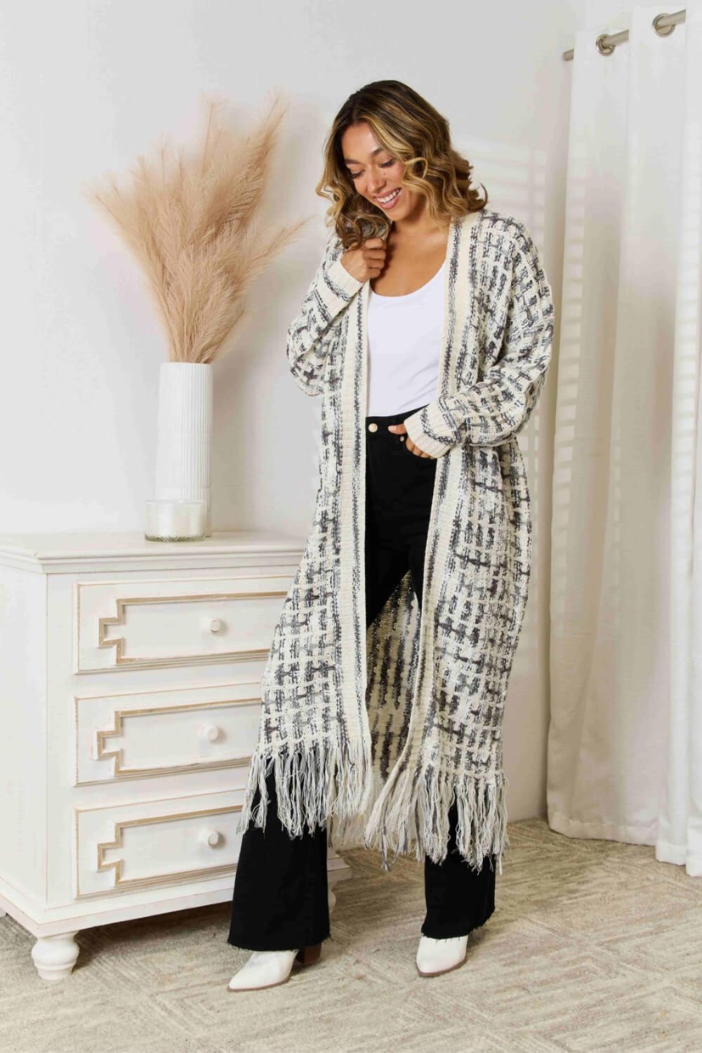 Multicolor Open Front Fringe Hem Cardigan