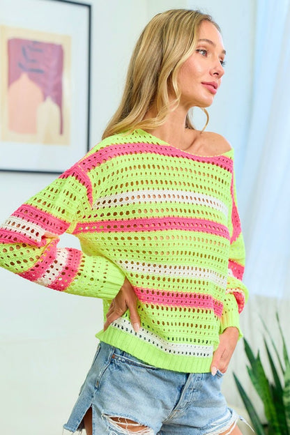 Striped Long Sleeve Openwork Knit Top