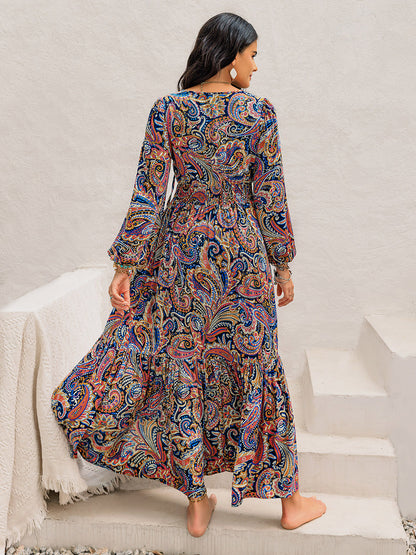 Print Tie Neck Long Sleeve Midi Dress