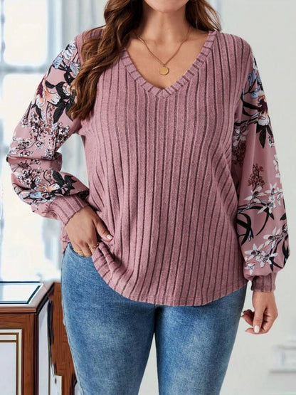 Plus Printed V-Neck Long Sleeve Sweater