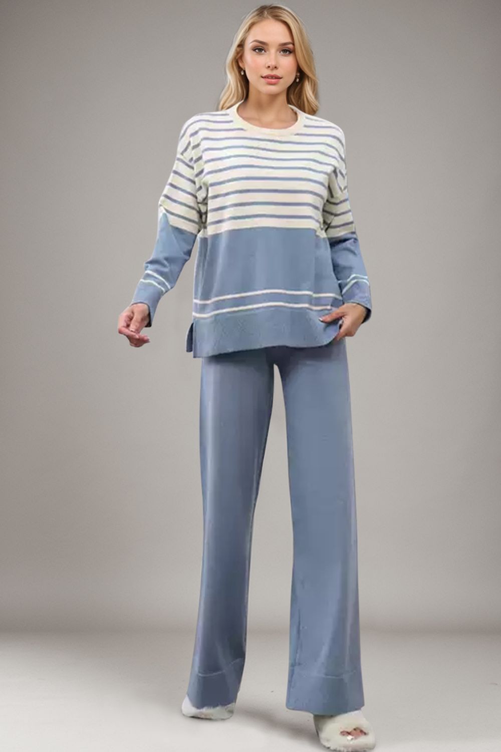 Striped Round Neck Long Sleeve Top and Pants Sweater Set