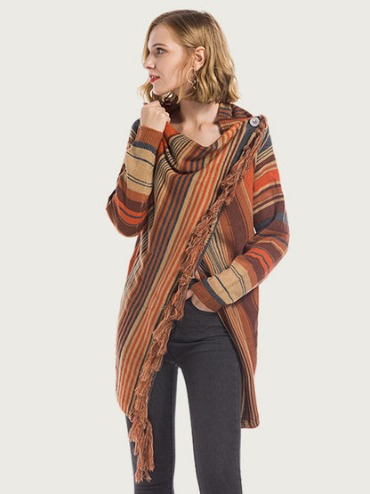 Tassel Striped Open Front Long Sleeve Cardigan