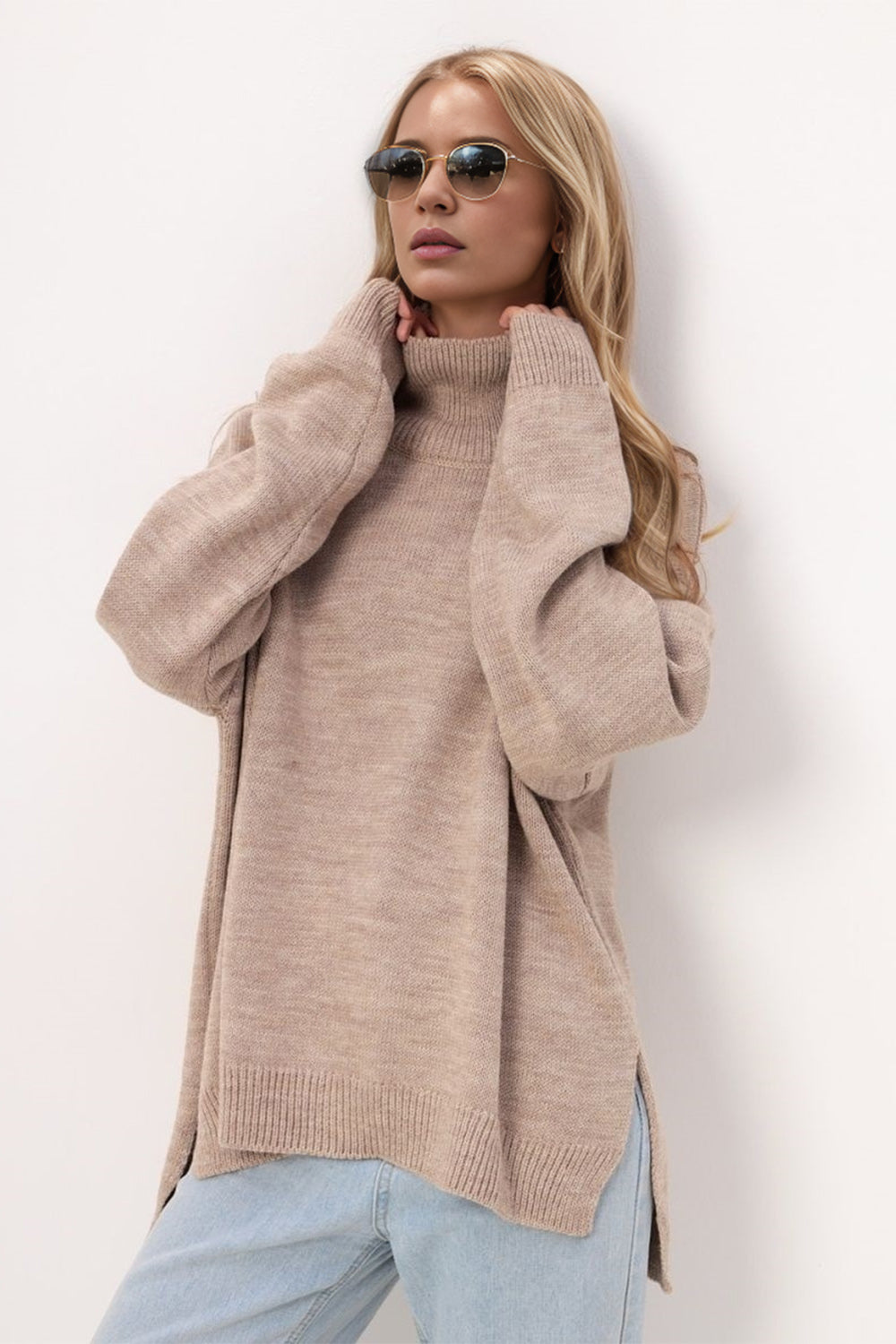 Side Slit Turtleneck Long Sleeve Sweater