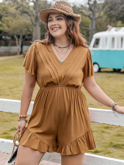 Plus Ruffled V-Neck Short Sleeve Romper