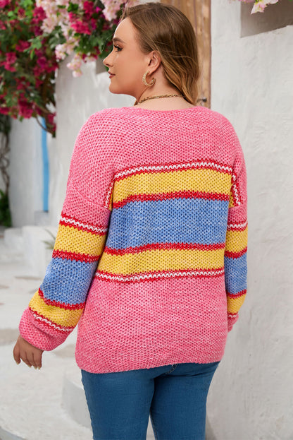 Plus Color Block Round Neck Long Sleeve Sweater