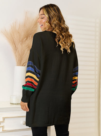 Striped Open Front Dropped Shoulder Cardigan