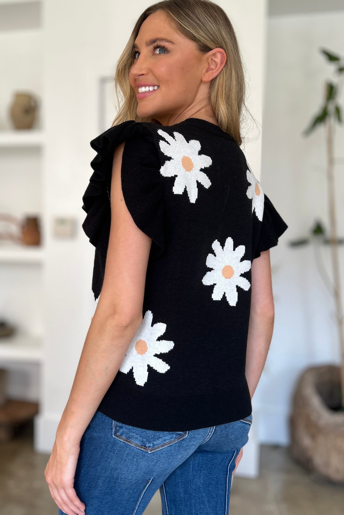 Ruffled Flower Round Neck Cap Sleeve Sweater