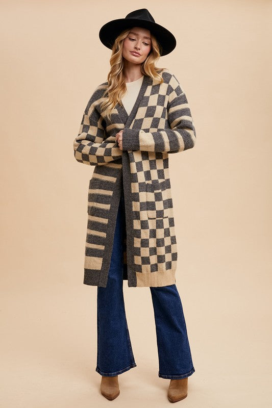 Checkered & Striped Open Front Long Sleeve Cardigan