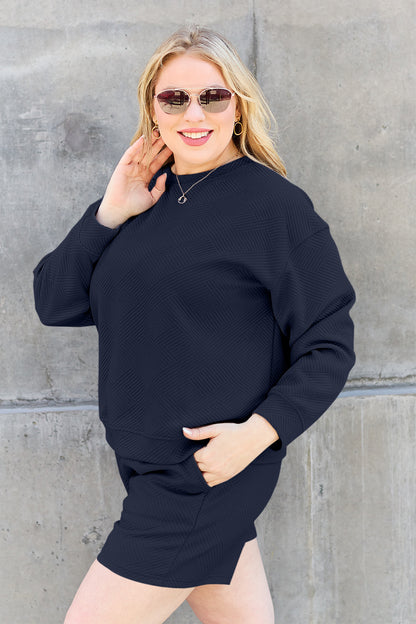Textured Long Sleeve Top and Drawstring Shorts Set