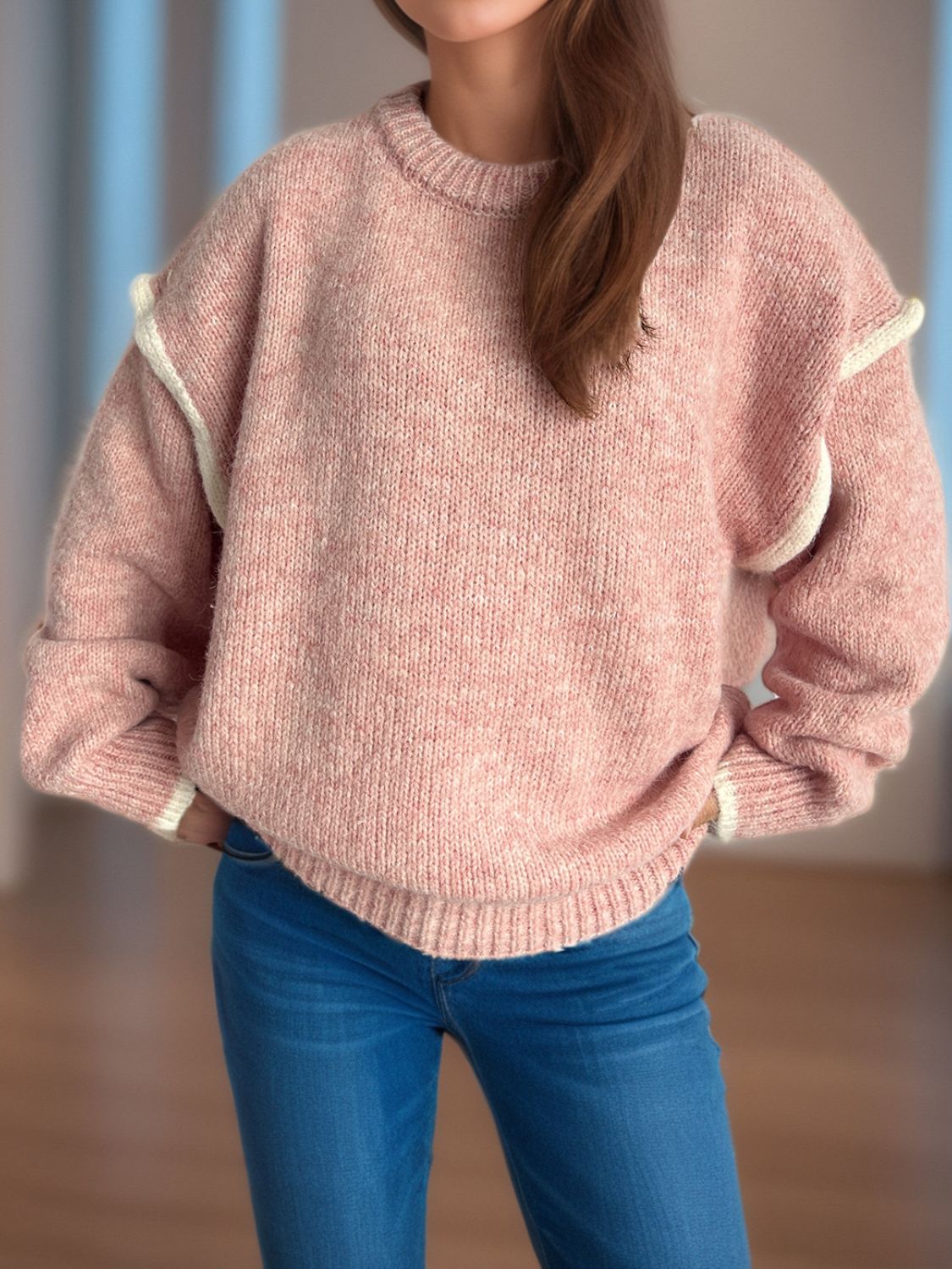 Contrast Trim Round Neck Dropped Shoulder Sweater