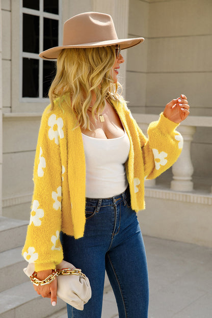 Floral Open Front Fuzzy Cardigan