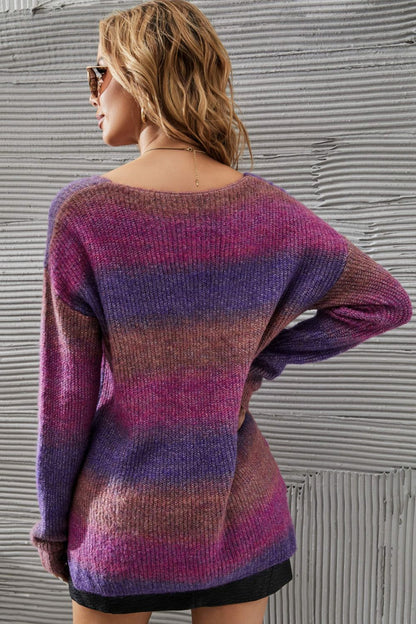 Multicolor Rib-Knit V-Neck Knit Pullover