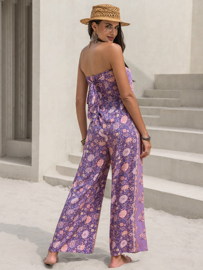 Tied Print Tube Wide Leg Jumpsuit