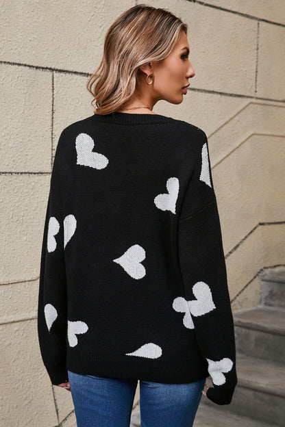 Heart Round Neck Dropped Shoulder Sweater