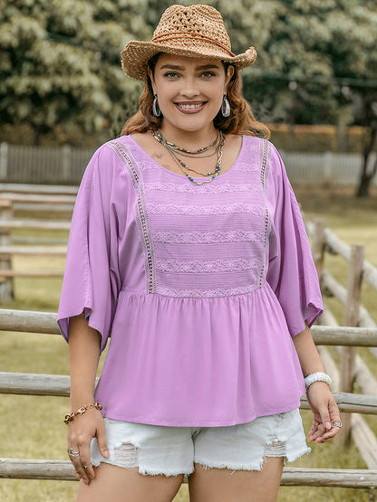 Plus Lace Detail Round Neck Three-Quarter Sleeve Blouse