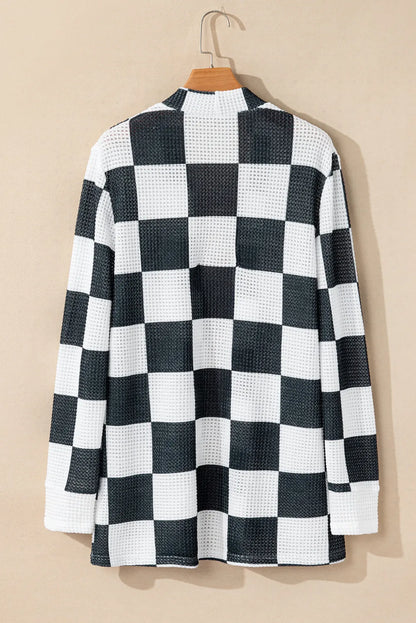 Checkered Open Front Long Sleeve Cardigan