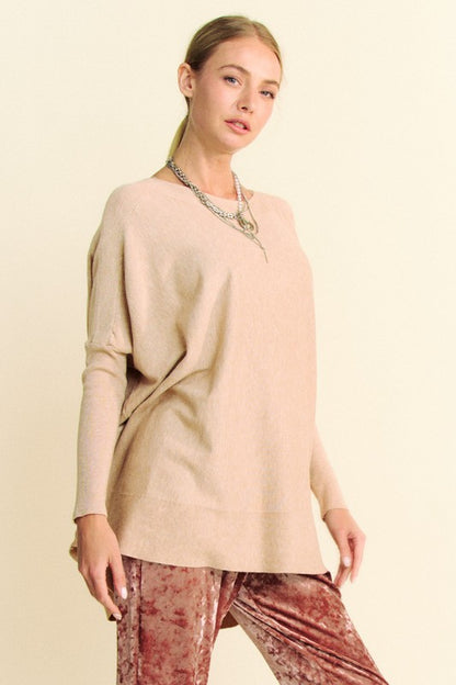 Round Neck Dropped Shoulder Long Sleeve Knit Top