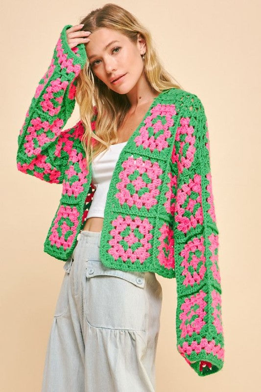 Two Tone Flower Square Crochet Open Front Cardigan