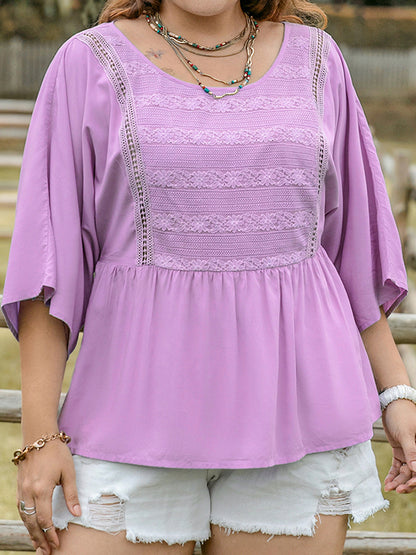 Plus Lace Detail Round Neck Three-Quarter Sleeve Blouse