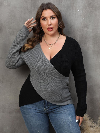 Plus Two-Tone Surplice Neck Sweater