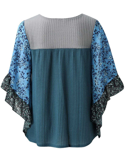 Print Round Neck Three-Quarter Sleeve Blouse