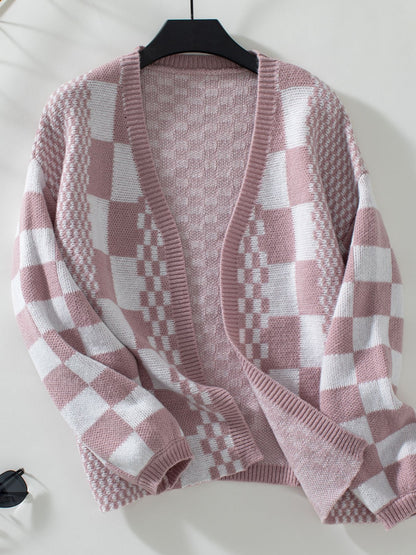 Checkered Open Front Dropped Shoulder Cardigan