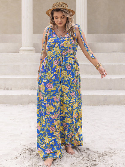 Plus Print V-Neck Wide Leg Jumpsuit