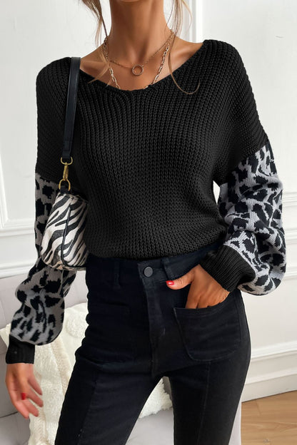 Leopard Sleeve Dropped Shoulder Sweater