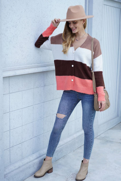 Color Block V-Neck Button Down Cardigan