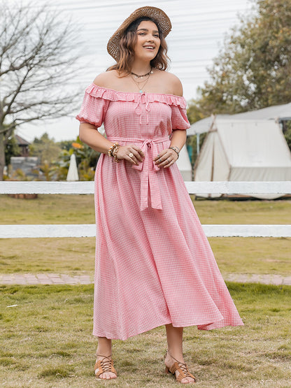 Plus Plaid Off-Shoulder Short Sleeve Midi Dress