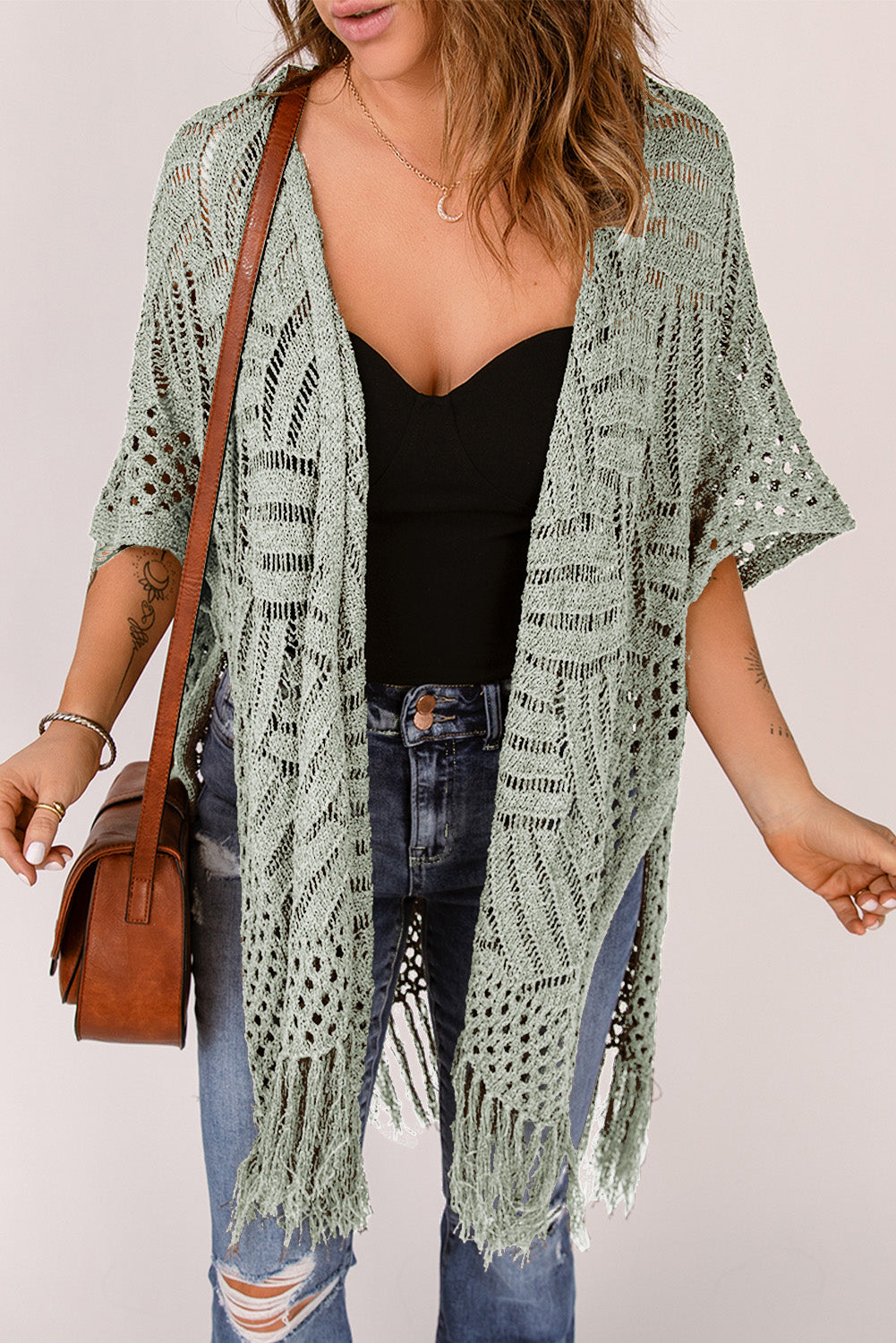 Openwork Open Front Cardigan with Fringes