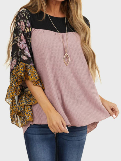 Print Round Neck Three-Quarter Sleeve Blouse