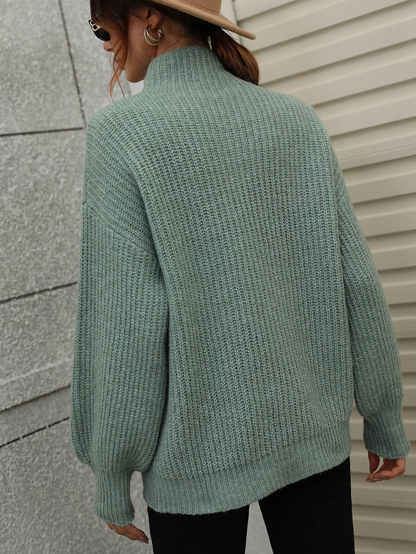 High Neck Balloon Sleeve Rib-Knit Pullover Sweater