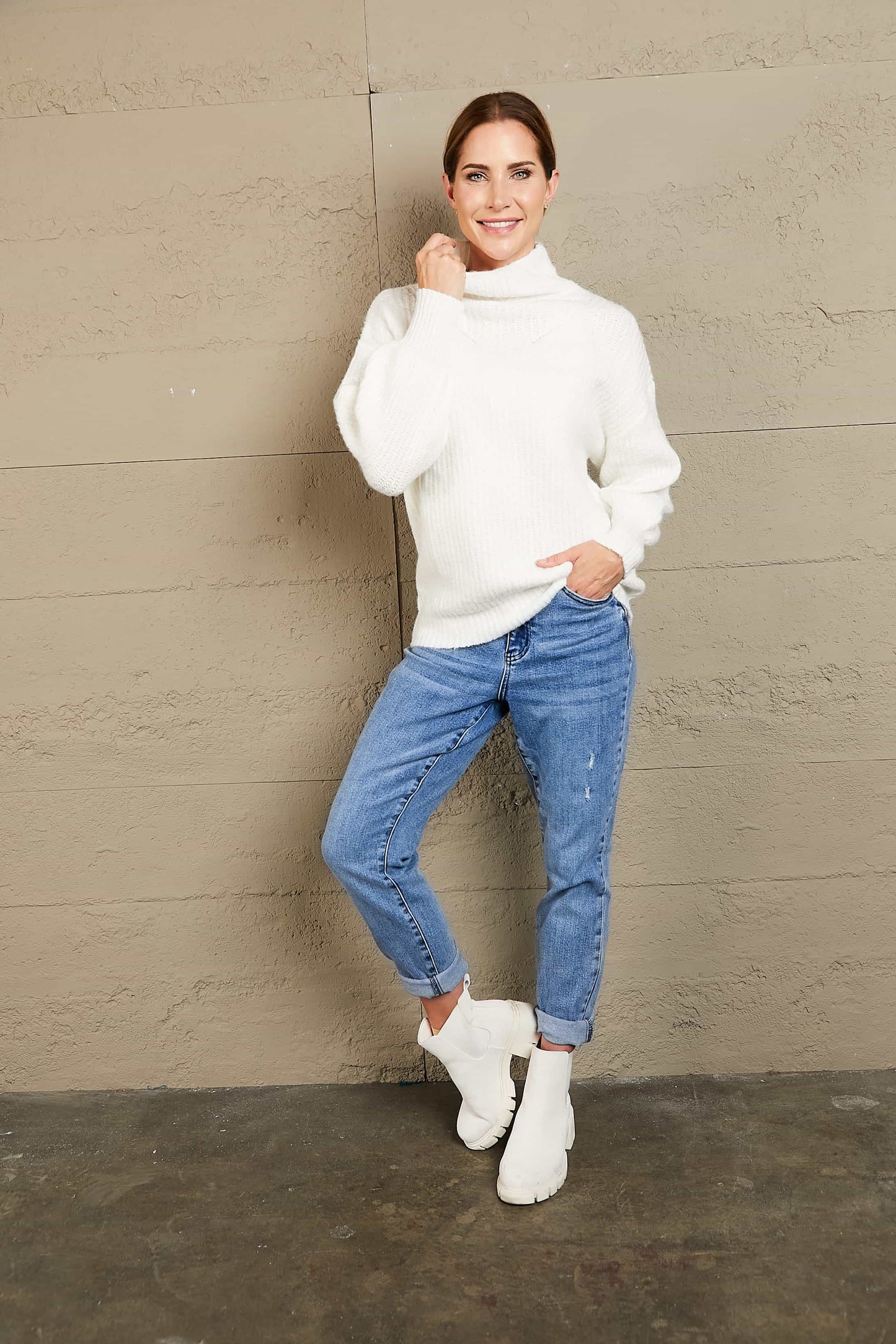 High Neck Balloon Sleeve Rib-Knit Pullover Sweater