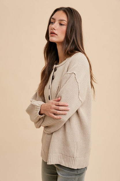 Half Button Ribbed Hem Sweater