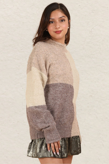 Color Block Mock Neck Drop Shoulder Sweater