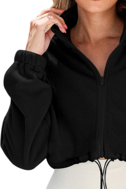 Drawstring Zip Up Dropped Shoulder Sweater